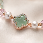 Green Jade Clover Bracelet with Pearls and Pink Crystal in Rose Gold Tone - Image 6