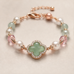Green Jade Clover Bracelet with Pearls and Pink Crystal in Rose Gold Tone