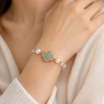 Green Jade Clover Bracelet with Pearls and Pink Crystal in Rose Gold Tone - Image 2