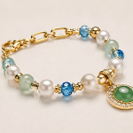 Green Jade Cabochon Charm Bracelet with Pearls and Blue Crystal in Gold Tone - Image 3