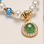 Green Jade Cabochon Charm Bracelet with Pearls and Blue Crystal in Gold Tone - Image 5
