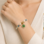 Green Jade Cabochon Charm Bracelet with Pearls and Blue Crystal in Gold Tone - Image 4
