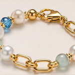 Green Jade Cabochon Charm Bracelet with Pearls and Blue Crystal in Gold Tone - Image 7