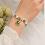 Green Jade Cabochon Charm Bracelet with Pearls and Blue Crystal in Gold Tone - Image 6