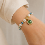Green Jade Cabochon Charm Bracelet with Pearls and Blue Crystal in Gold Tone - Image 2