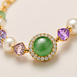 Green Jade Halo Station Bracelet with Purple Crystal and Pearls in Gold Tone - Image 3