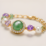 Green Jade Halo Station Bracelet with Purple Crystal and Pearls in Gold Tone - Image 6