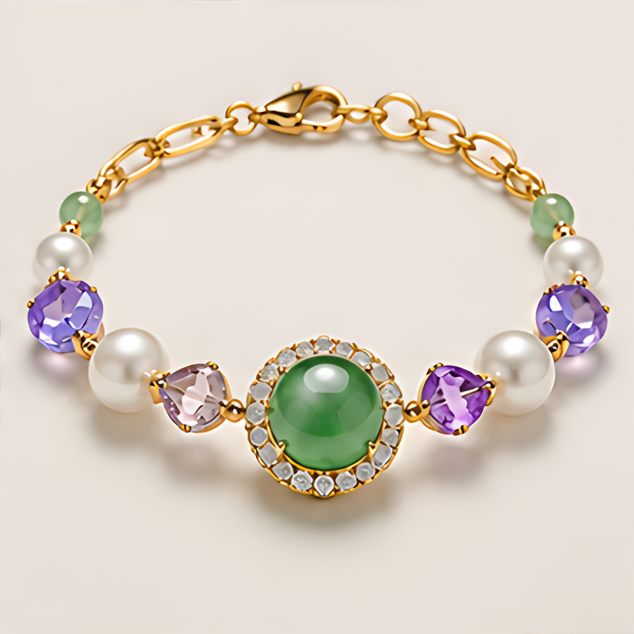 1786609182_b3ff1e41-5 Green Jade Halo Station Bracelet with Purple Crystal and Pearls in Gold Tone - Image 1