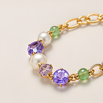 Green Jade Halo Station Bracelet with Purple Crystal and Pearls in Gold Tone - Image 4