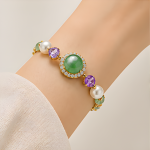 Green Jade Halo Station Bracelet with Purple Crystal and Pearls in Gold Tone - Image 5