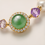 Green Jade Halo Station Bracelet with Purple Crystal and Pearls in Gold Tone - Image 7