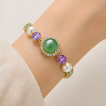 Green Jade Halo Station Bracelet with Purple Crystal and Pearls in Gold Tone - Image 2