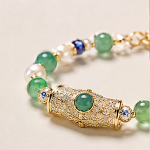 Green Jade and Pave Barrel Bracelet with Pearls in Gold Tone - Image 3