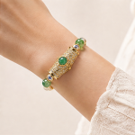 Green Jade and Pave Barrel Bracelet with Pearls in Gold Tone - Image 2