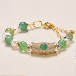 Green Jade and Pave Barrel Bracelet with Pearls in Gold Tone - Image 4