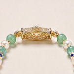 Green Jade and Pave Barrel Bracelet with Pearls in Gold Tone - Image 7