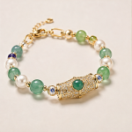 Green Jade and Pave Barrel Bracelet with Pearls in Gold Tone