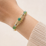 Green Jade and Pave Barrel Bracelet with Pearls in Gold Tone - Image 5