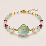 Carved Green Jade Flower Bracelet with Pearls and Garnet-Toned Beads in Gold Tone