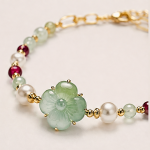 Carved Green Jade Flower Bracelet with Pearls and Garnet-Toned Beads in Gold Tone - Image 7