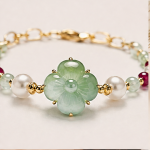Carved Green Jade Flower Bracelet with Pearls and Garnet-Toned Beads in Gold Tone - Image 6