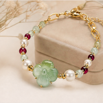 Carved Green Jade Flower Bracelet with Pearls and Garnet-Toned Beads in Gold Tone - Image 4