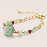 Carved Green Jade Flower Bracelet with Pearls and Garnet-Toned Beads in Gold Tone - Image 3