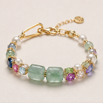 Green Jade Bar Bead Bracelet with Multicolour Crystal in Gold Tone - Image 4