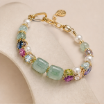 Green Jade Bar Bead Bracelet with Multicolour Crystal in Gold Tone - Image 3