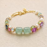 Green Jade Bar Bead Bracelet with Multicolour Crystal in Gold Tone - Image 6