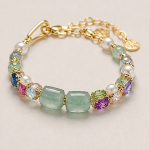 Green Jade Bar Bead Bracelet with Multicolour Crystal in Gold Tone