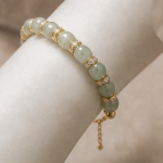 Pale Green Jade Bead Bracelet with Pave Rondelles in Gold Tone - Image 6