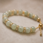 Pale Green Jade Bead Bracelet with Pave Rondelles in Gold Tone - Image 3