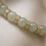 Pale Green Jade Bead Bracelet with Pave Rondelles in Gold Tone - Image 4