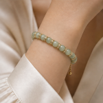 Pale Green Jade Bead Bracelet with Pave Rondelles in Gold Tone - Image 2