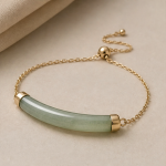Curved Green Jade Bar Bracelet on Fine Chain in Gold Tone - Image 5