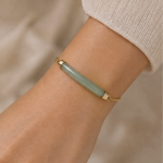 Curved Green Jade Bar Bracelet on Fine Chain in Gold Tone - Image 2