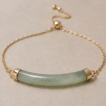 Curved Green Jade Bar Bracelet on Fine Chain in Gold Tone