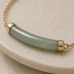 Curved Green Jade Bar Bracelet on Fine Chain in Gold Tone - Image 3