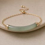 Curved Green Jade Bar Bracelet on Fine Chain in Gold Tone - Image 6