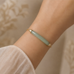Curved Green Jade Bar Bracelet on Fine Chain in Gold Tone - Image 4