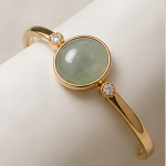 Oval Green Jade Cabochon Hinged Bangle in Gold Tone - 图片 7