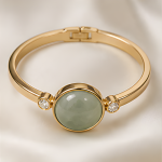 Oval Green Jade Cabochon Hinged Bangle in Gold Tone - 图片 6