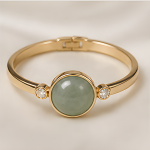 Oval Green Jade Cabochon Hinged Bangle in Gold Tone - 图片 3