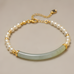 Green Jade Bar and Pearl Strand Bracelet in Gold Tone