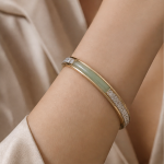 Pale Green Jade Inlay Bangle with Pave Band in Gold Tone - Image 5