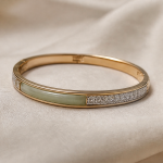 Pale Green Jade Inlay Bangle with Pave Band in Gold Tone - Image 6