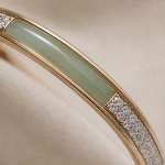 Pale Green Jade Inlay Bangle with Pave Band in Gold Tone - Image 7