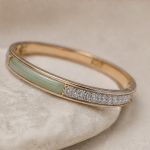 Pale Green Jade Inlay Bangle with Pave Band in Gold Tone