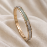 Pale Green Jade Inlay Bangle with Pave Band in Gold Tone - Image 4